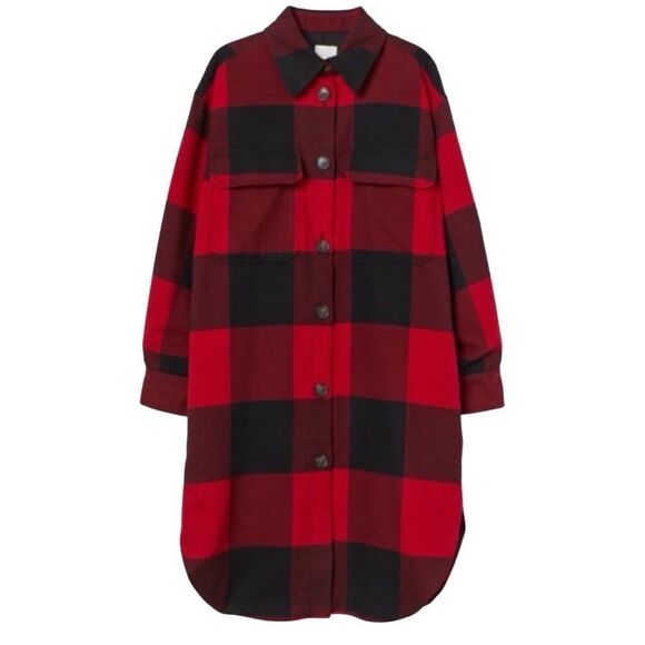 H&M Plaid Oversized Shirt Jacket Shacket Red Black Small Blogger Favorite - Picture 5 of 15